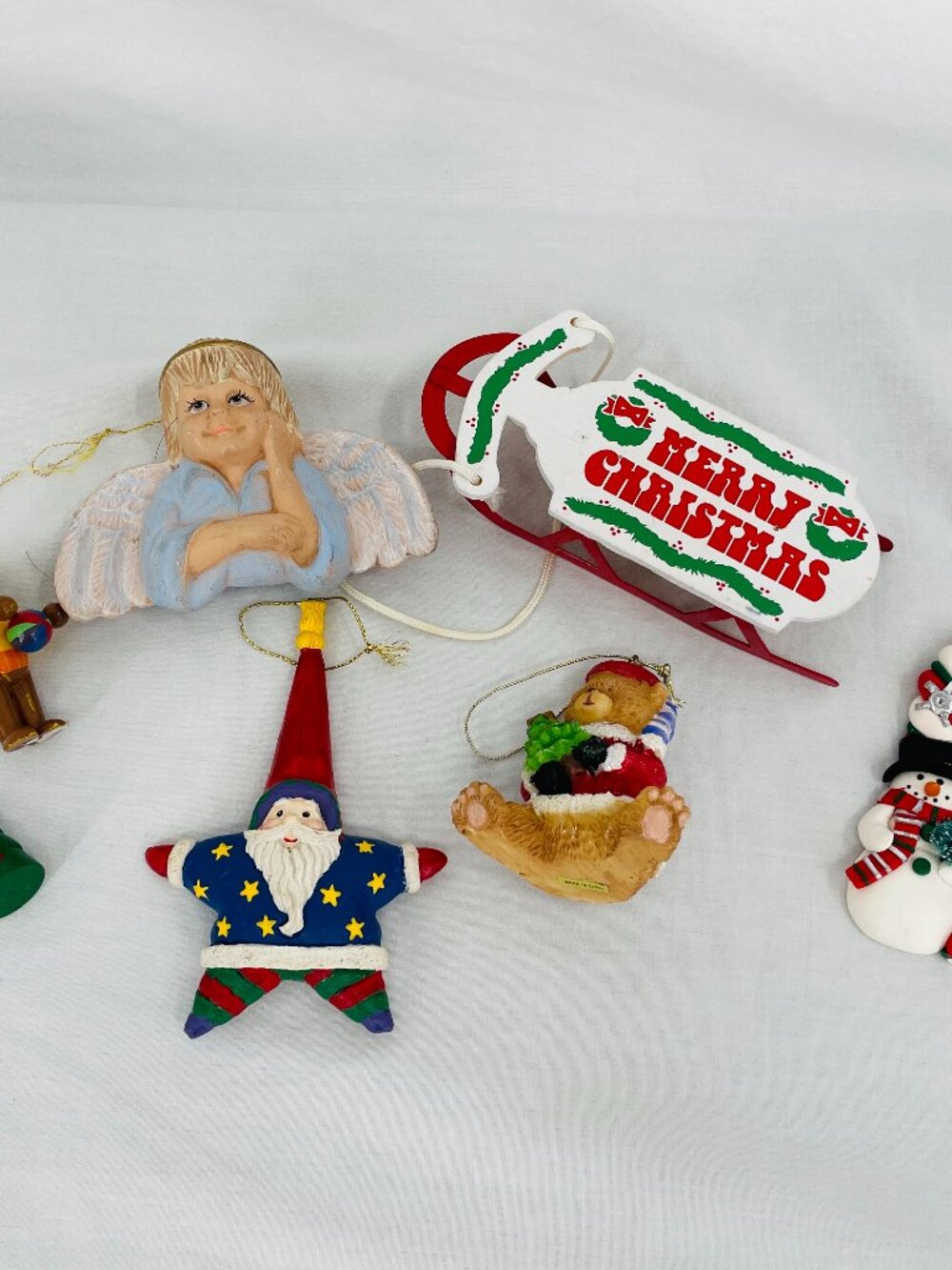 Christmas Ornaments Lot - Sleigh, Snowman, Angel, Bear, Star